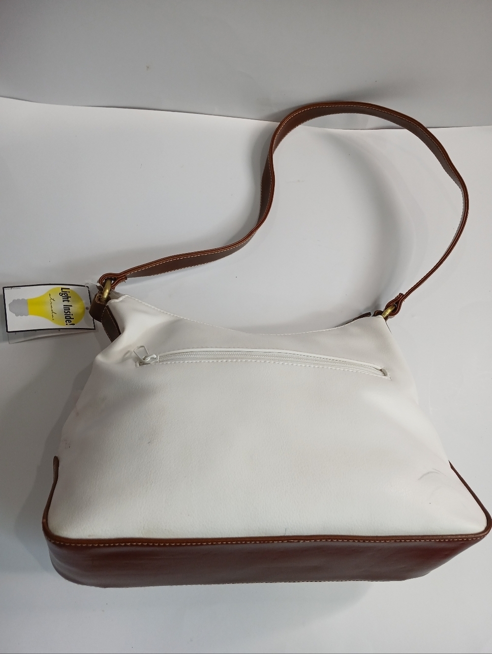 White Shoulder Bag | Strada Handbag | Small Purse | Brown Trim | Classic Style - Picture 2 of 6